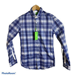 BOSS Hugo Boss Mens Long Sleeve Bilia 10194991 Blue White Plaid Small Slim NEW